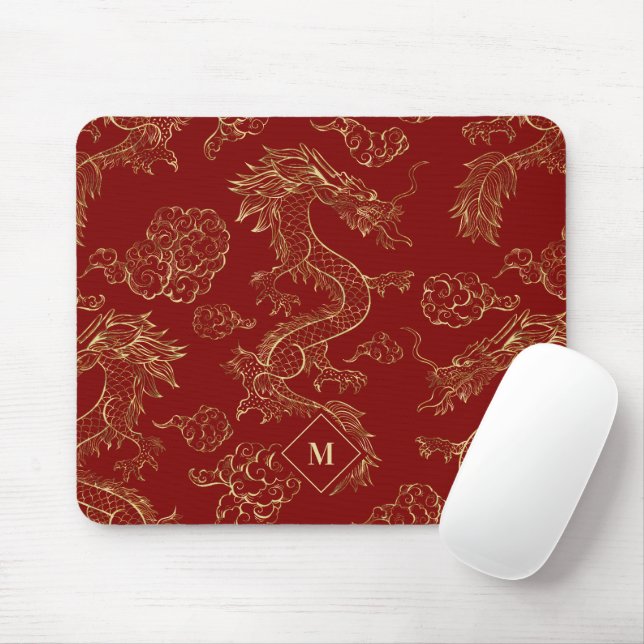 Chinese Dragon Gold and Dark Red Mouse Mat (With Mouse)