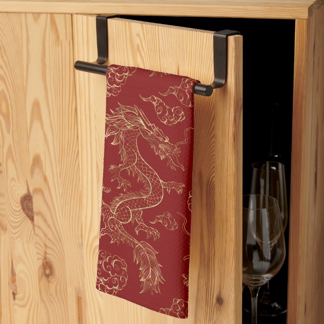 Chinese Dragon Gold and Dark Red Tea Towel (Thirds Fold)