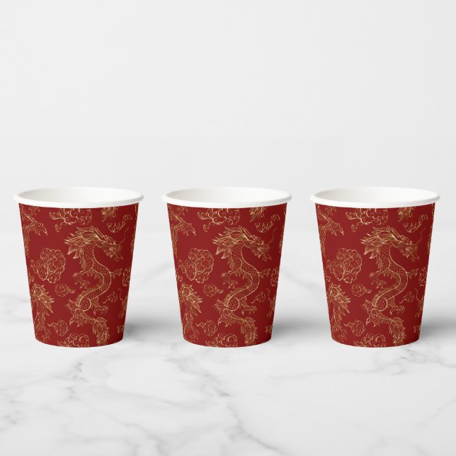 Chinese dragon in gold on red paper cups (Multi)