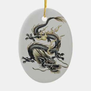 Chinese Dragon In Gray and Gold Ceramic Tree Decoration
