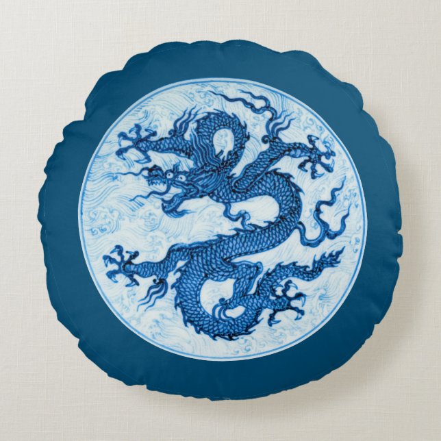 Chinese Dragon, Indigo Blue and White  Round Pillo Cushion (Front)