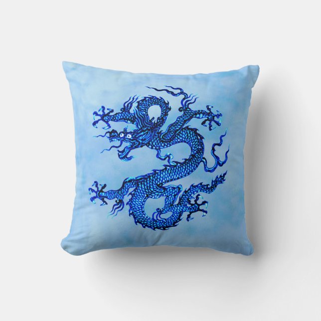 Chinese Dragon, Indigo Blue and White Throw Pillow (Front)