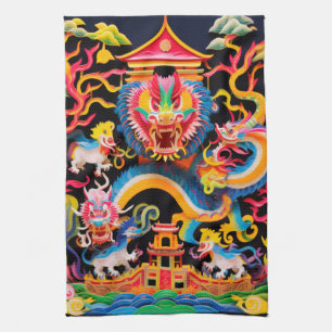 Chinese Dragon Layered Paper Cutout Effect Tea Towel