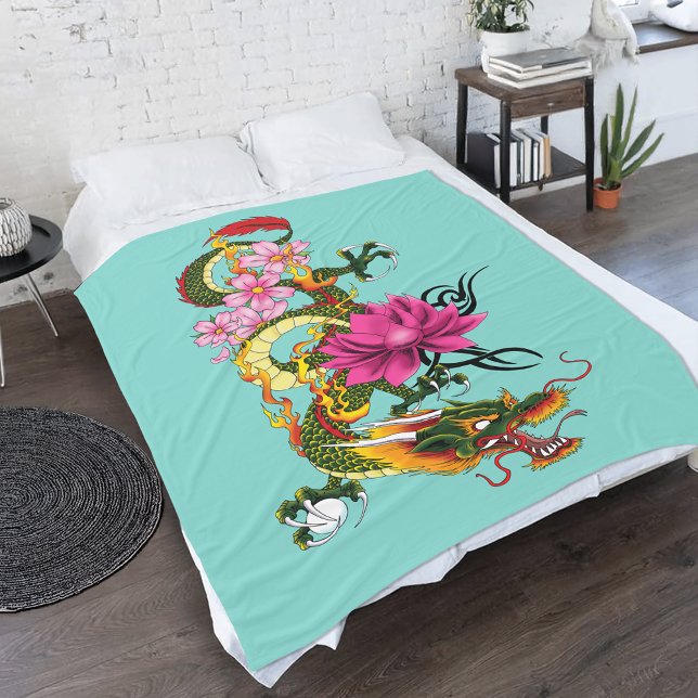 Chinese Dragon Lotus Cherry Blossoms Fleece Blanket (Creator Uploaded)