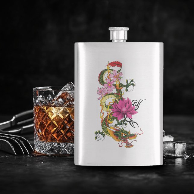 Chinese Dragon Lotus Cherry Blossoms Hip Flask (Creator Uploaded)