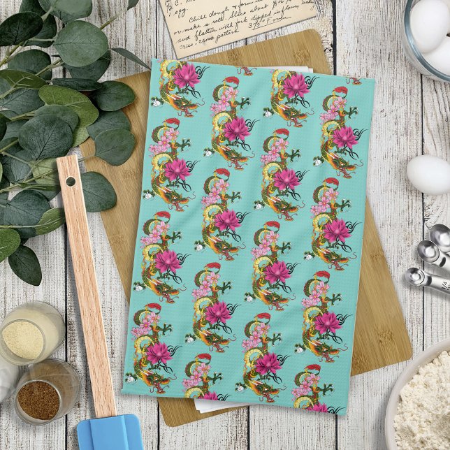 Chinese Dragon Lotus Cherry Blossoms Tea Towel (Creator Uploaded)