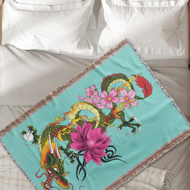 Chinese Dragon Lotus Cherry Blossoms Throw Blanket (Creator Uploaded)