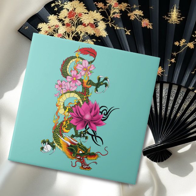 Chinese Dragon Lotus Cherry Blossoms Tile (Creator Uploaded)