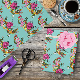 Chinese Dragon Lotus Cherry Blossoms Wrapping Paper