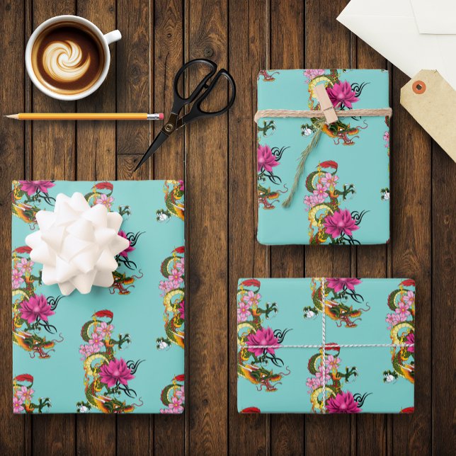 Chinese Dragon Lotus Flower Cherry Blossoms  Wrapping Paper Sheet (Creator Uploaded)