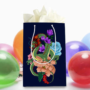 Chinese Dragon Navy Blue Flowers Medium Gift Bag