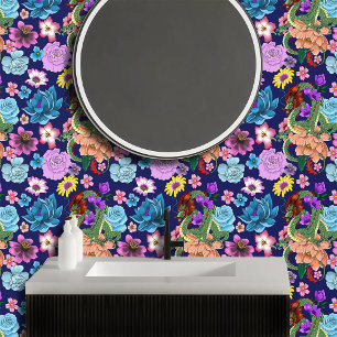 Chinese Dragon Navy Blue Flowers Wallpaper