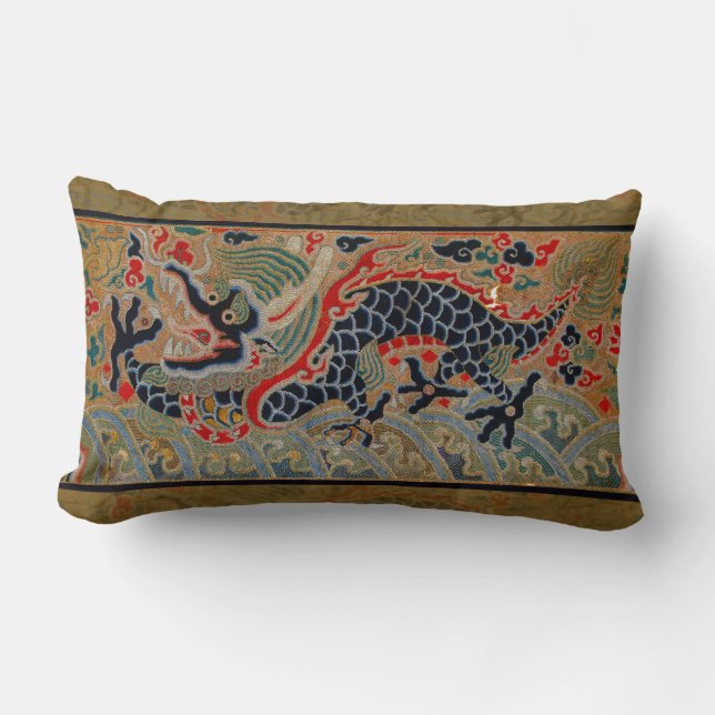 Chinese Dragon Symbol Antique Asian Lumbar Cushion (Front)