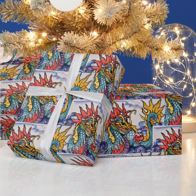 Chinese Dragon Tile Art Colourful Wrapping Paper (Holidays)