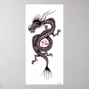 Chinese dragon with good luck symbol art poster