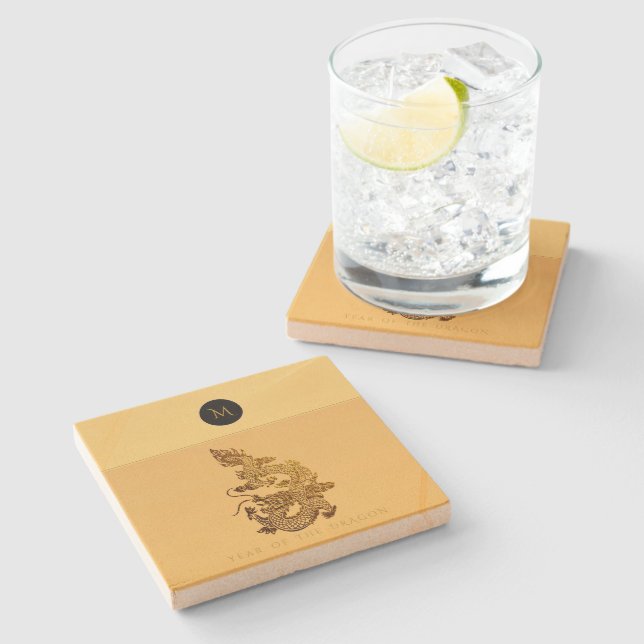 Chinese Dragon Year 2024 Elegant Monogram SqSC Stone Coaster (Side)