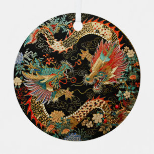 Chinese Dragons and Flowers Metal Tree Decoration