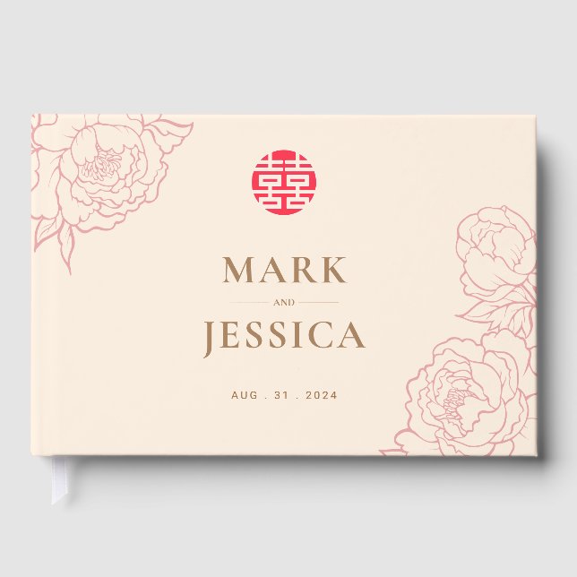 Chinese Elegant Double Happiness Wedding  Guest Book (Front)