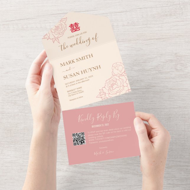 Chinese Elegant Peony All in One Wedding Invite (Tearaway)