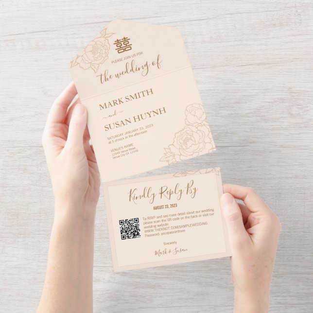 Chinese Elegant Peony All in One Wedding Invite (Tearaway)