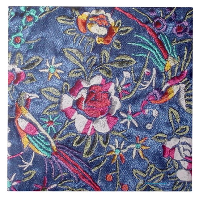 CHINESE EMBROIDERY OF ROSES AND BIRDS TILE (Front)