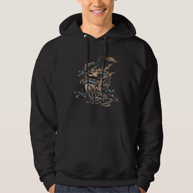 Chinese Fire Dragon In Light Gray And Caramel Yell Hoodie (Front)