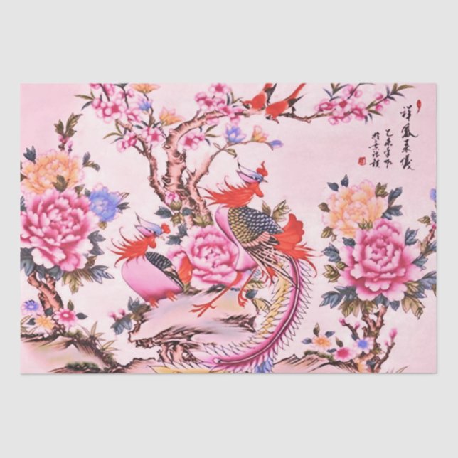 Chinese Floral Birds Pink Chinoiserie Decoupage Tissue Paper (Front)