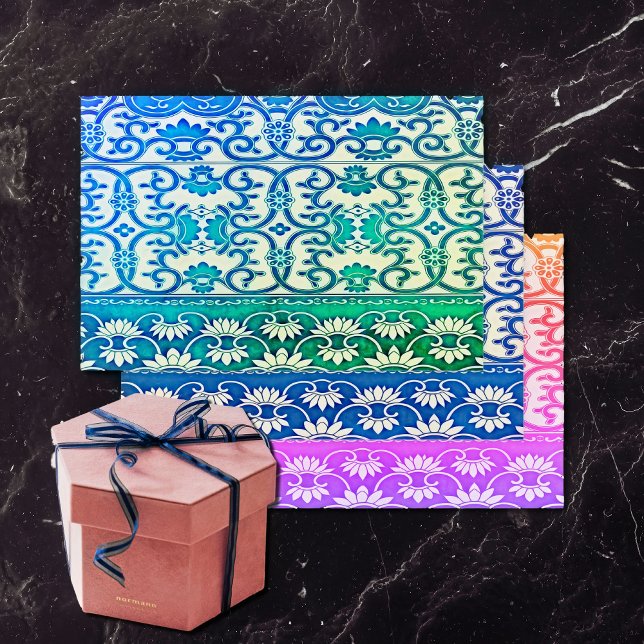 Chinese floral in blue -green -tropical colours wrapping paper sheet (Creator Uploaded)