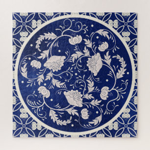 Chinese Floral Round: Blue Watercolor Vintage Jigsaw Puzzle