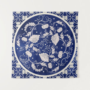 Chinese Floral Round: Blue Watercolor Vintage Tapestry
