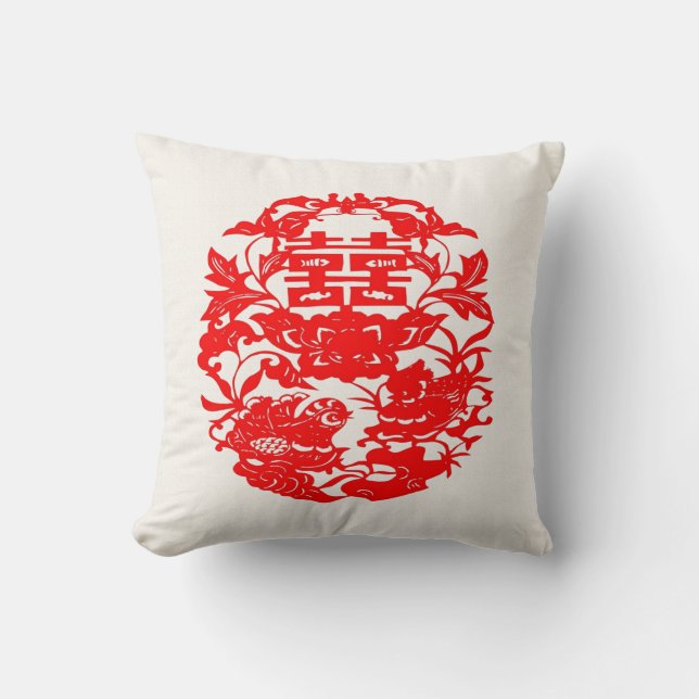 Chinese Folk Art Double Happiness Love Birds Cushion (Front)