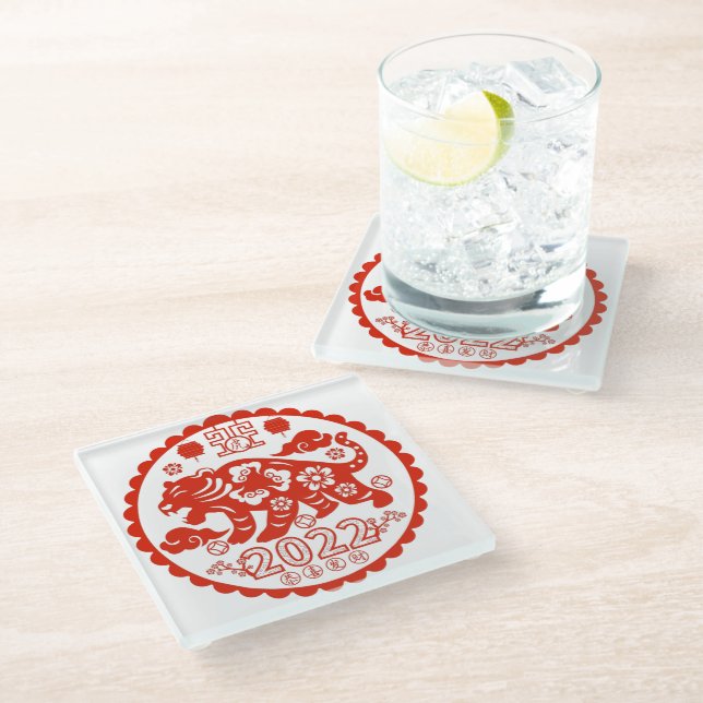 Chinese Folk Art Papercutting Tiger Glass Coaster (Angled)