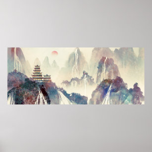 Chinese Forest Mountain Temple Ink Painting Poster