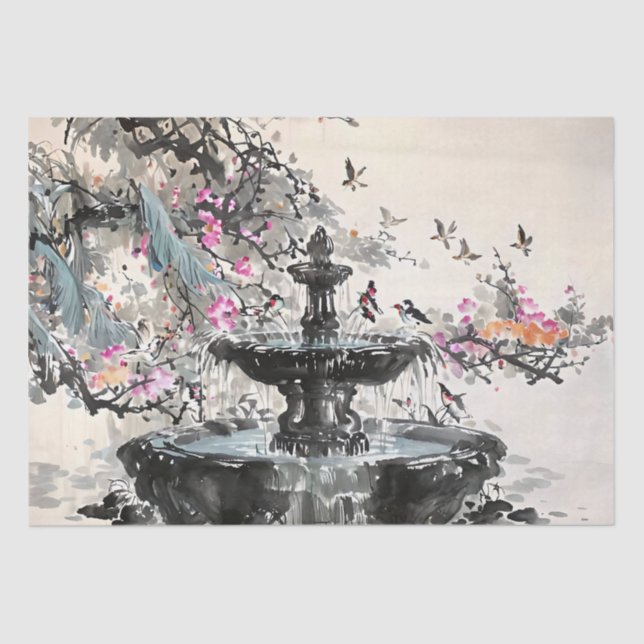 Chinese Fountain Art Ink Painting Decoupage Tissue Paper (Front)