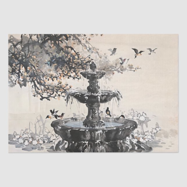 Chinese Fountain Art Ink Painting Decoupage Tissue Paper (Front)