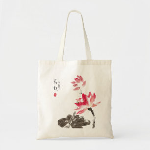 Chinese Freehand Watercolor Floral Lotus Tote Bag