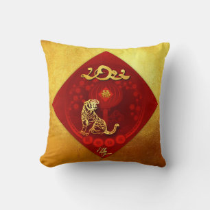 Chinese FU Luck lantern Tiger Year greeting SqP3 Cushion
