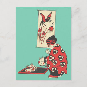 Chinese Girl Having Tea Illustration Postcard