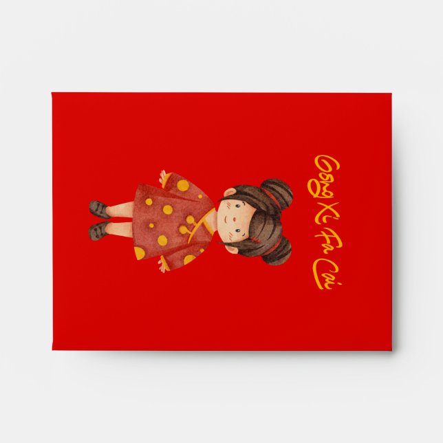 Chinese Girl with Bun Hair Gong Xi Fa Cai Red Envelope (Front)