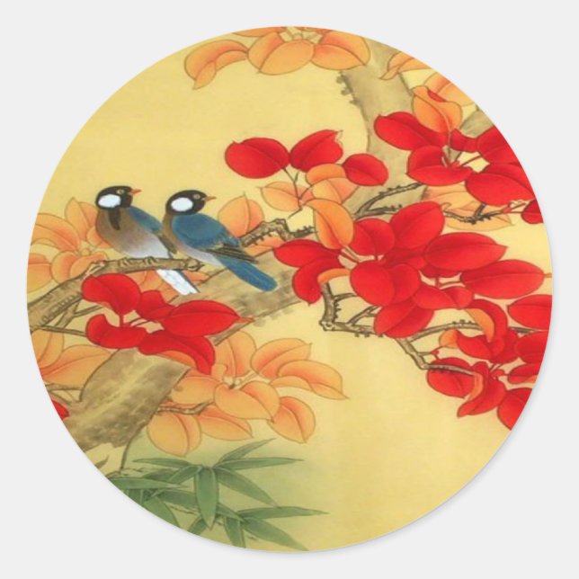 Chinese Gold and Red Floral Classic Round Sticker (Front)