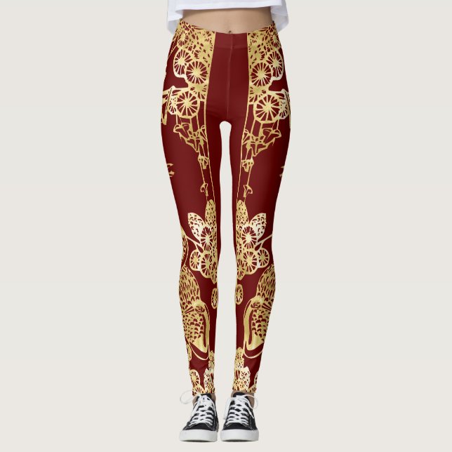 Chinese Gold Cranes Over Red Leggings (Front)