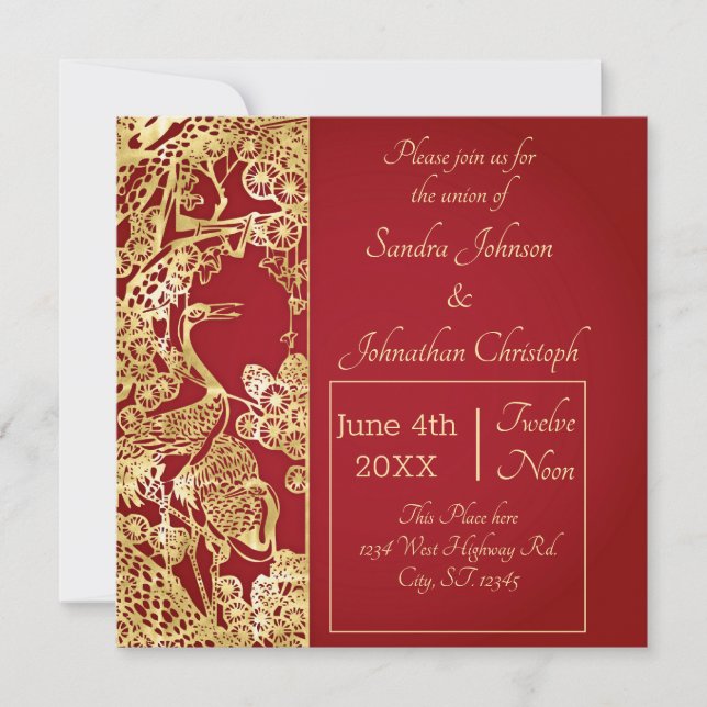 Chinese Gold Cranes Over Red Wedding Invitation (Front)