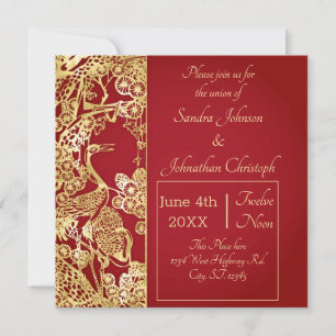 Chinese Gold Cranes Over Red Wedding Invitation