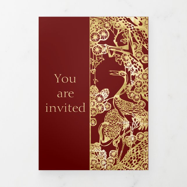 Chinese Gold Cranes Over Red Wedding Tri-Fold Announcement (Cover)