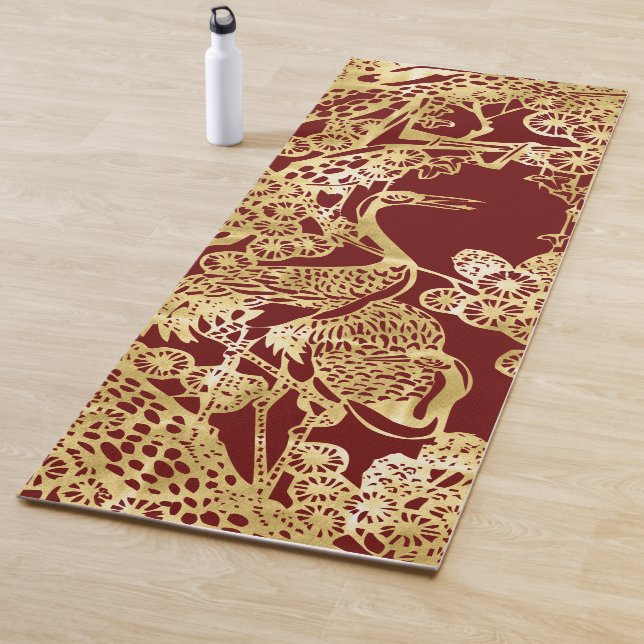 Chinese Gold Cranes Over Red Yoga Mat (In Situ)