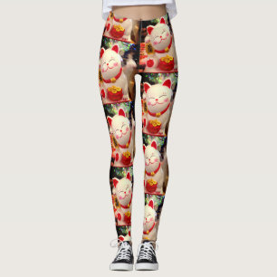 Chinese Good Luck Waving White Cat Photo Stylish Leggings