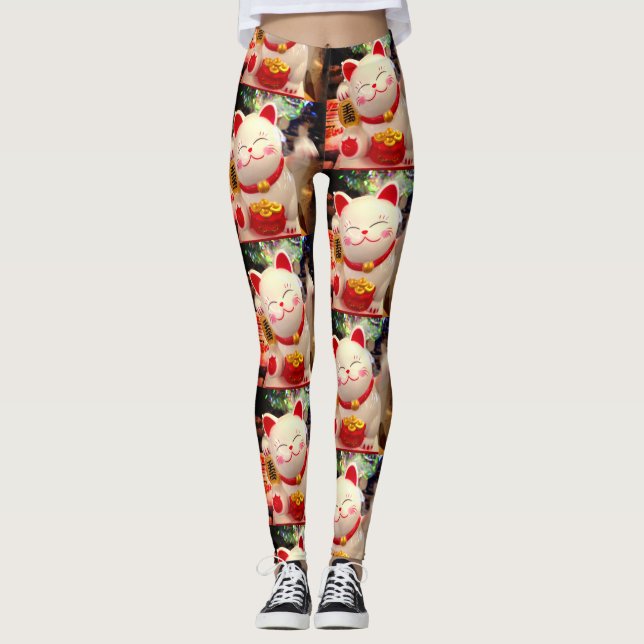 Chinese Good Luck Waving White Cat Photo Stylish Leggings (Front)