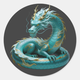 Chinese Green Gold Dragon Art Fantasy Design With  Classic Round Sticker