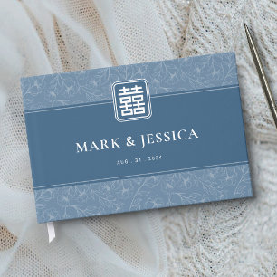 Chinese Greyish Blue Double Happiness Wedding Guest Book