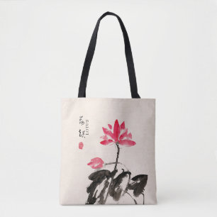 Chinese Hand painted Watercolor Floral Lotus Tote